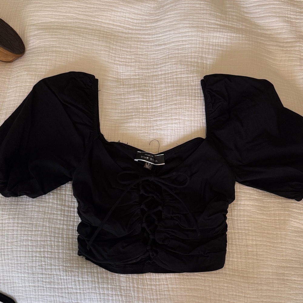 Blue Blush Black Puff Sleeve Blouse